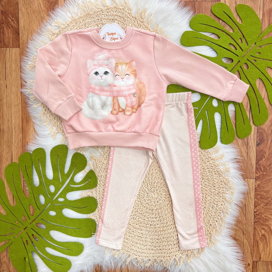 Conj. Casaco de Moletom Gatinhas Agasalhadas e Calça Legging - Rose